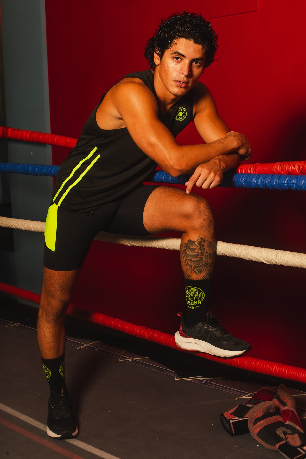 Lucha Mask Crew Socks — Black & Neon Green size 7-11