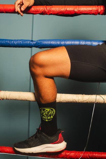 Lucha Mask Crew Socks — Black & Neon Green size 7-11