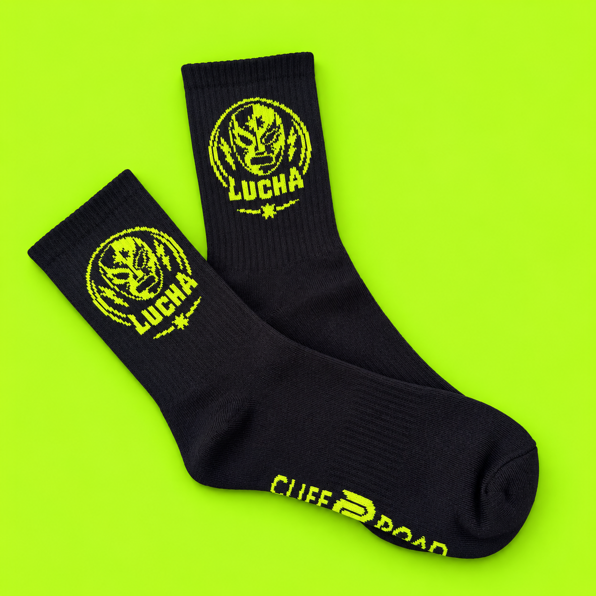 Lucha Mask Crew Socks — Black & Neon Green size 7-11